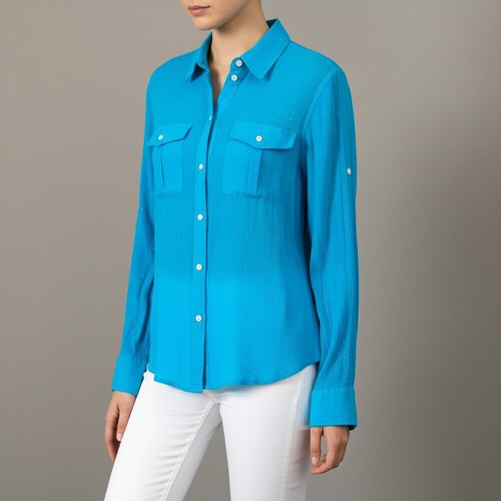 Ralph Lauren Turquoise Crinkle Button-Down Shirt with Roll-Tab Sleeves Size M
